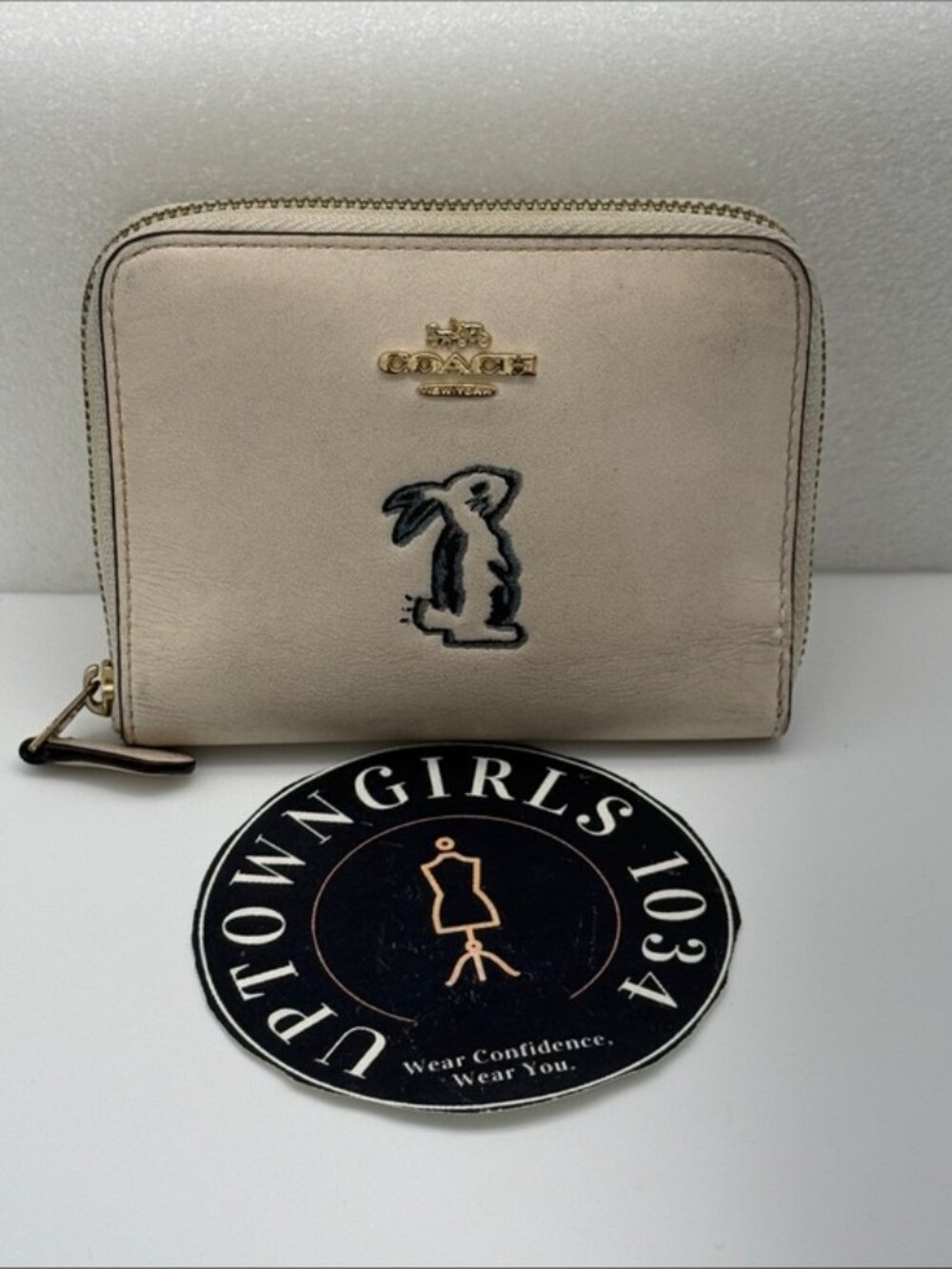 Coach Cream Leather Zip Wallet with Black Rabbit Patch and Gold Hardware